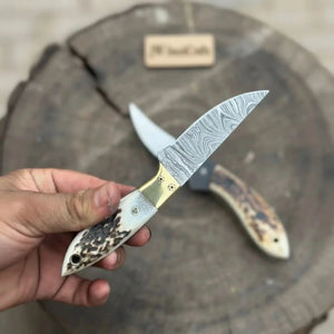 Nessmuk Style Knife Set Damascus and Polished Trailing Point Blades Stag Bone Handles by JW SteelCrafts, Damascus knife detail photo 2