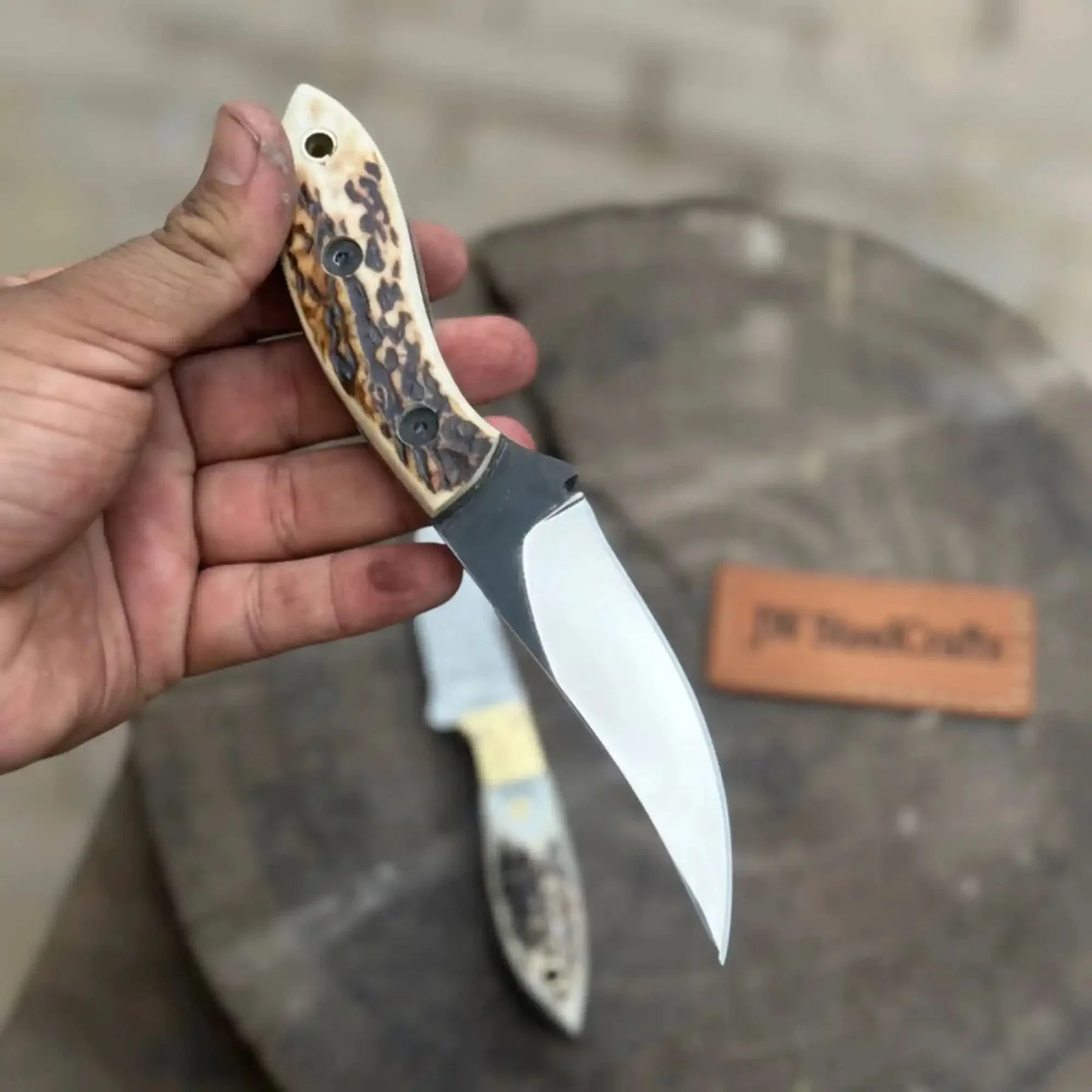 Nessmuk Style Knife Set Damascus and Polished Trailing Point Blades Stag Bone Handles by JW SteelCrafts, Damascus knife detail photo 3