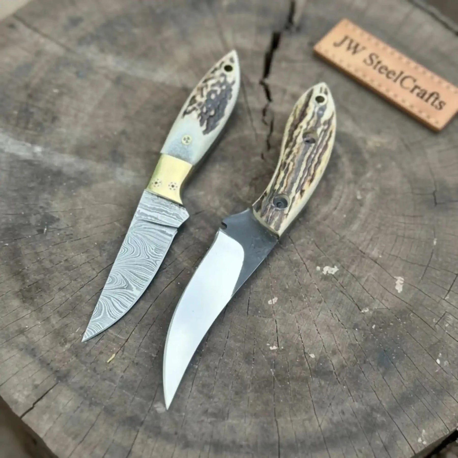 Nessmuk Style Knife Set Damascus and Polished Trailing Point Blades Stag Bone Handles by JW SteelCrafts, Damascus knife detail photo 4