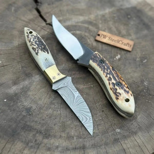 Nessmuk Style Knife Set Damascus and Polished Trailing Point Blades Stag Bone Handles by JW SteelCrafts, Damascus knife detail photo 5