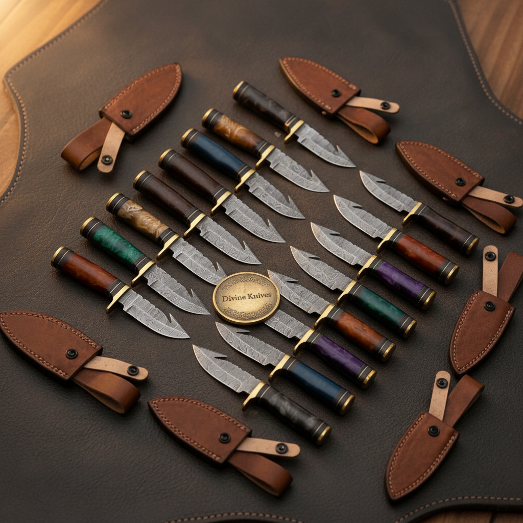 Damascus Gut Hook Skinner Lot with Assorted by Divine Knives