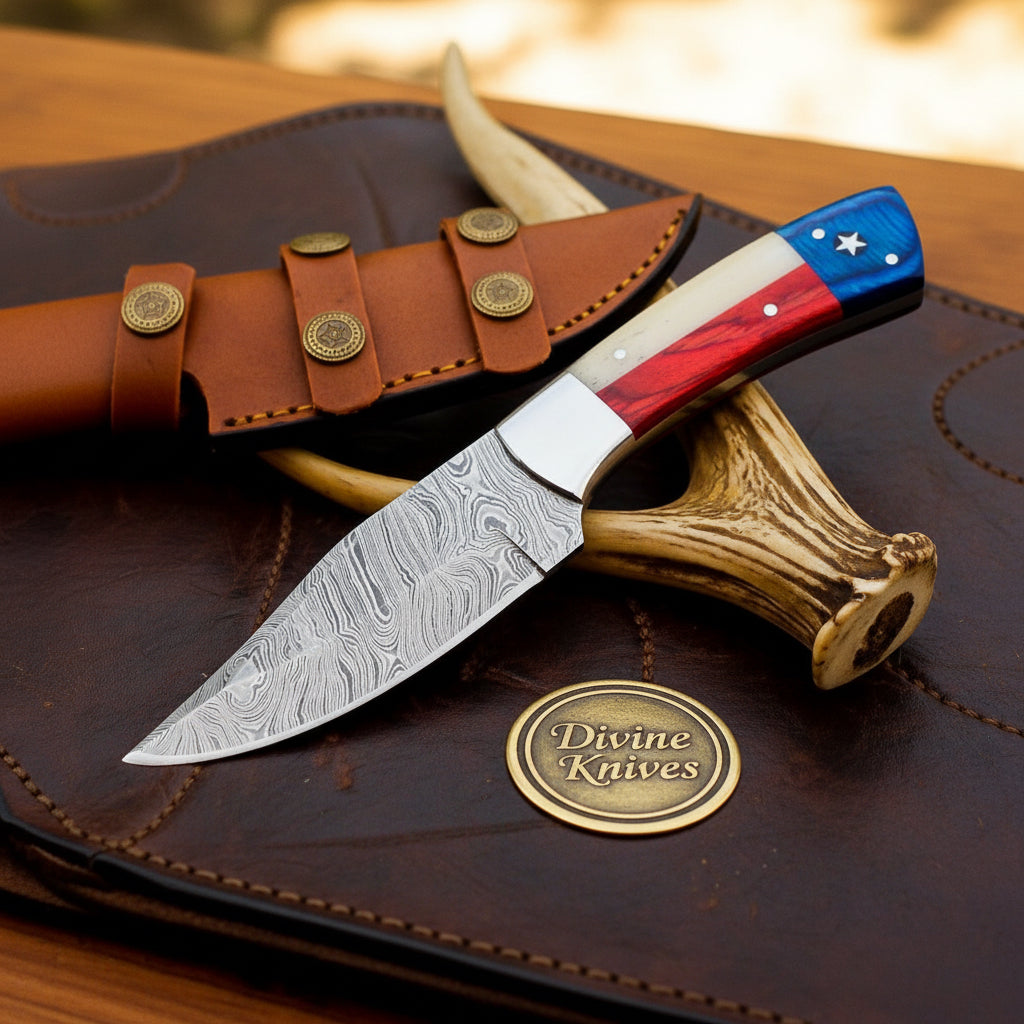 Damascus Texas Star Hunting Knife with Red by Divine Knives