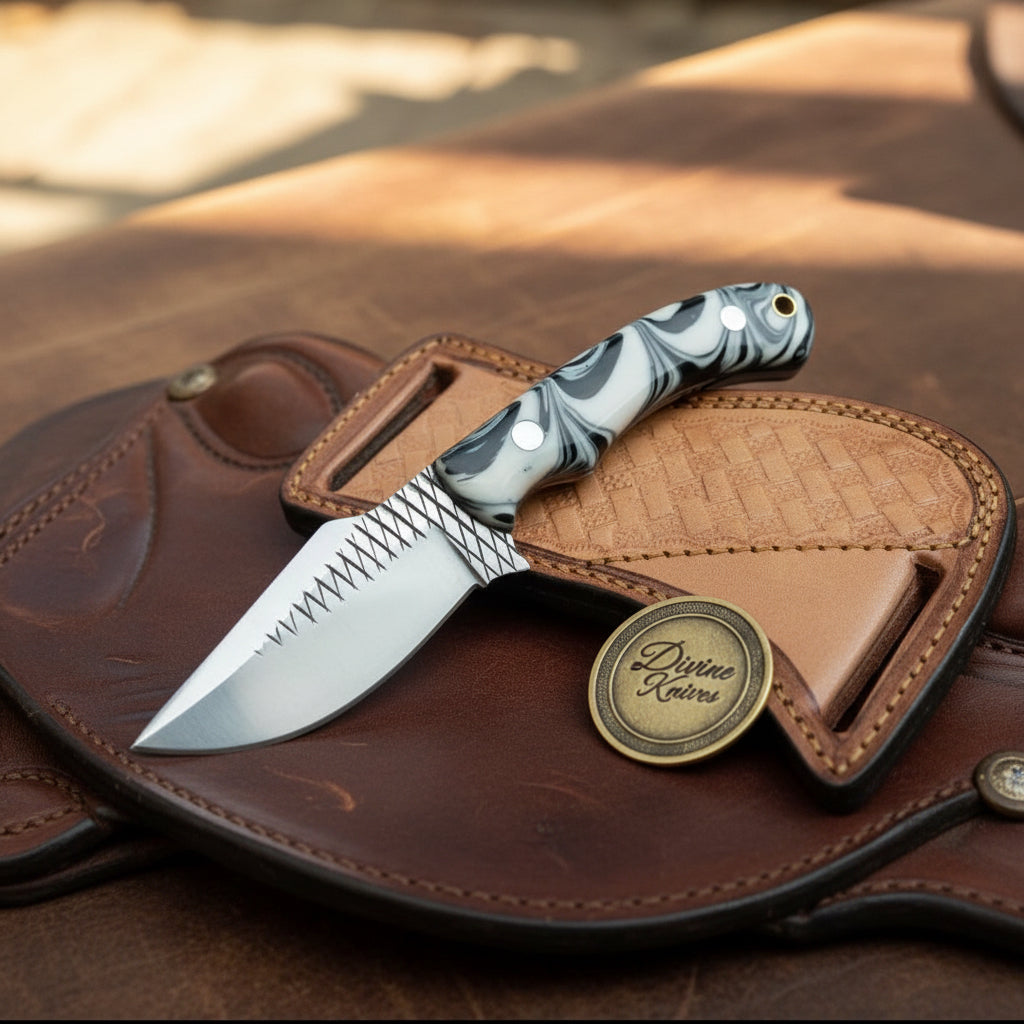 White Marble Resin Rasp Skinner Knife with product detail, view 5