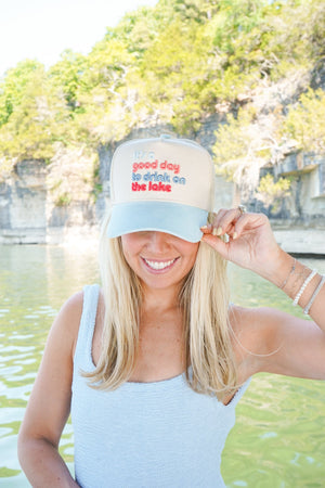 Good Day to Drink on the Lake - Baby Blue Corduroy Hat by KenzKustomz — product view 4