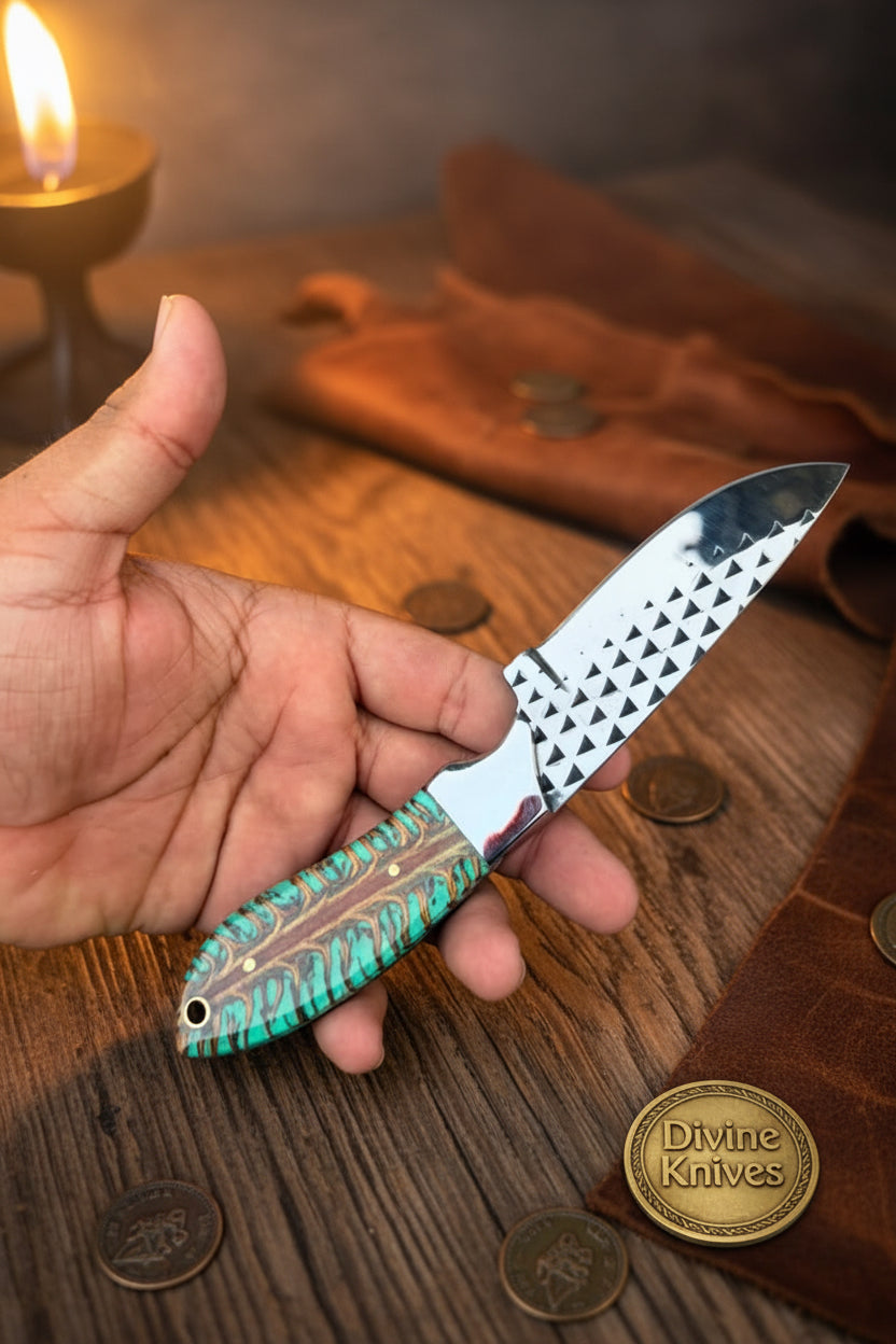 Emerald Pinecone Ranch Skinner Knife with Carved Wood Handle detail view by Divine Knives