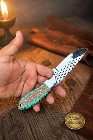 Emerald Pinecone Ranch Skinner Knife with Carved Wood Handle detail view by Divine Knives
