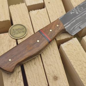 Redline Damascus Gyuto Knife with Wood Grain Blade and Red Accent Handle detail view by Divine Knives