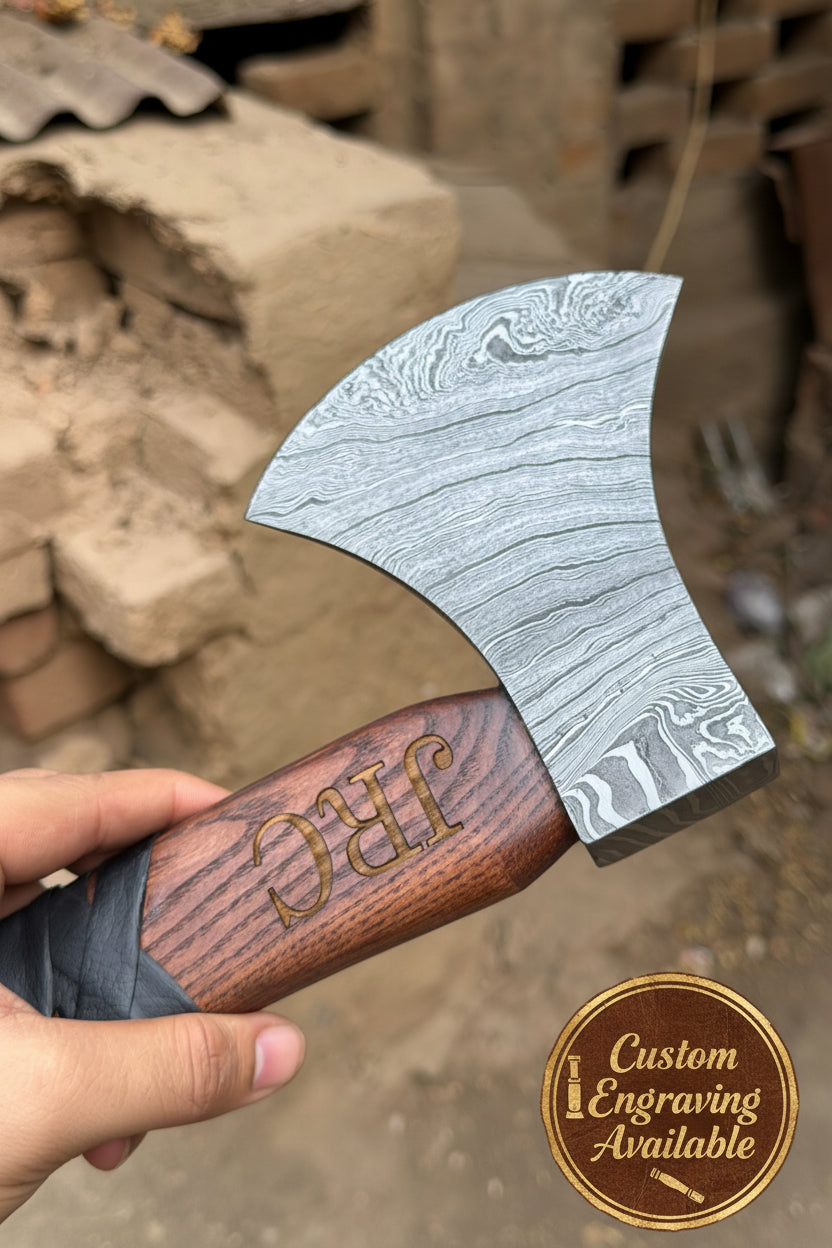Heavy Duty Damascus Camp Axe with Leather Wrap Handle and Sheath, Hand-Forged Bushcraft Axe | JW SteelCrafts by JW SteelCrafts, leather knife sheath detail photo 3