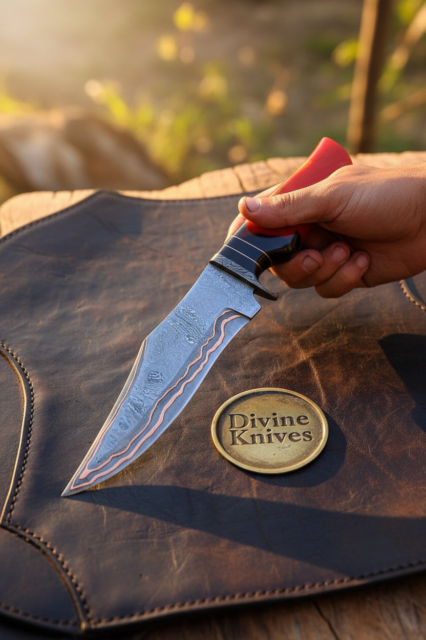 Copper-Line Bowie Hunter Knife with Red & Black Marbled Resin Handle
