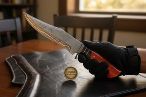 Copper-Line Bowie Hunter Knife with Red & Black Marbled Resin Handle