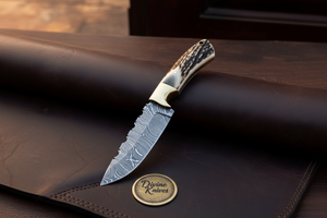 Damascus Antler Sawback Hunter Knife with product detail, view 2