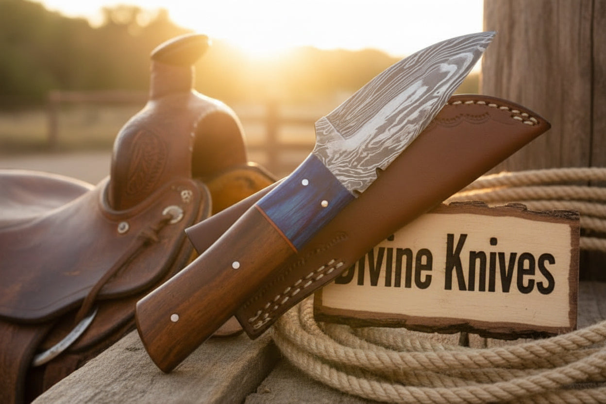 Two-Tone Blue Accent Damascus Knife with Warm Tan Wood Handle detail view by Divine Knives