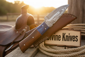 Two-Tone Blue Accent Damascus Knife with Warm Tan Wood Handle detail view by Divine Knives