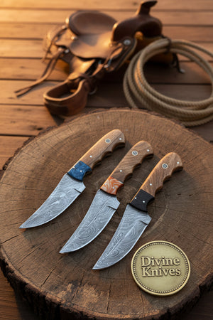 Handmade Rosewood Handle Damascus Chef Knife Set – 3 Pieces detail view by Divine Knives