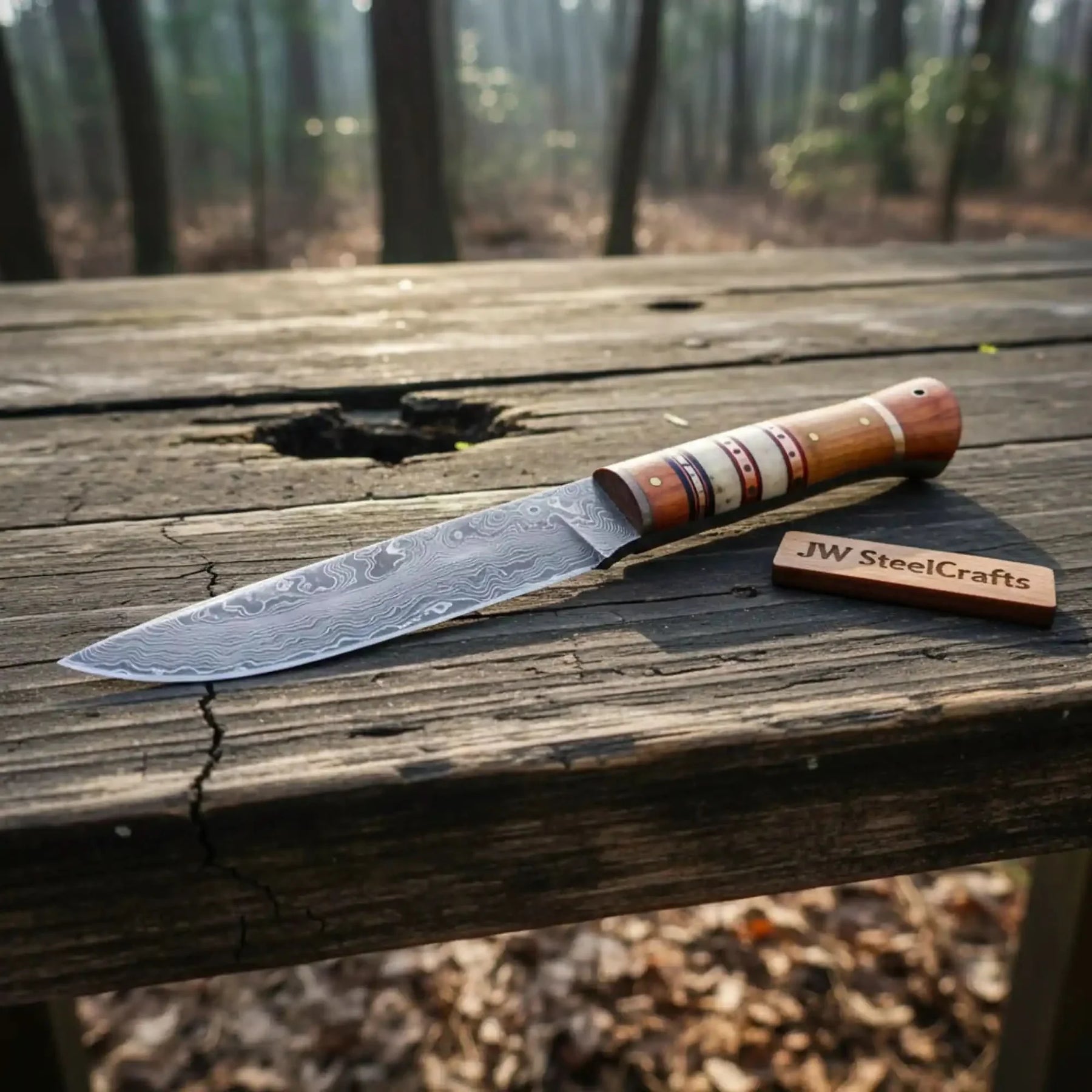 10 Inch Damascus Steel Hunting Knife with Stacked Wood Handle | JW SteelCrafts by JW SteelCrafts, Damascus knife detail photo 2