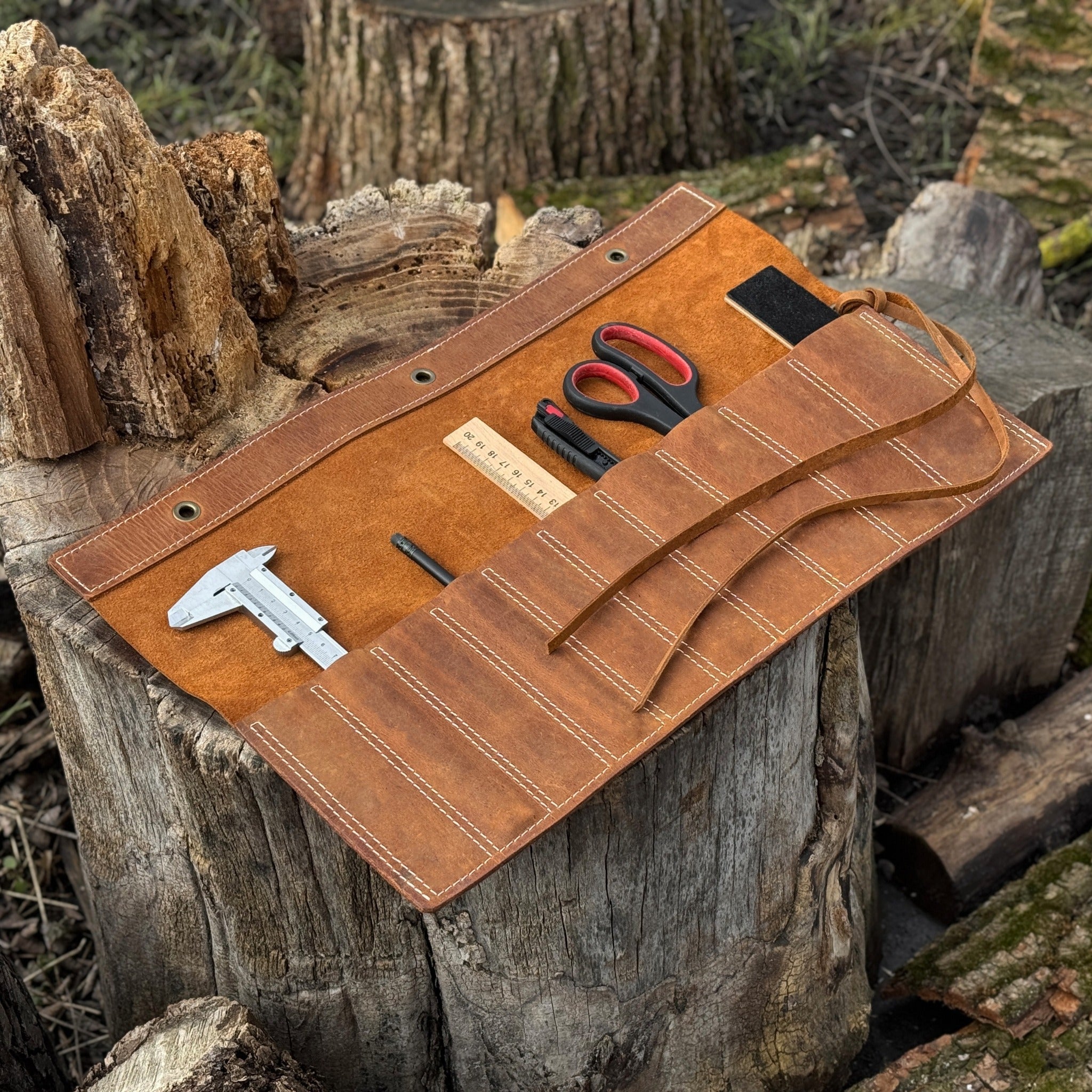 10 Pocket Leather Chisel Roll by Sharky Forged Steel Tools