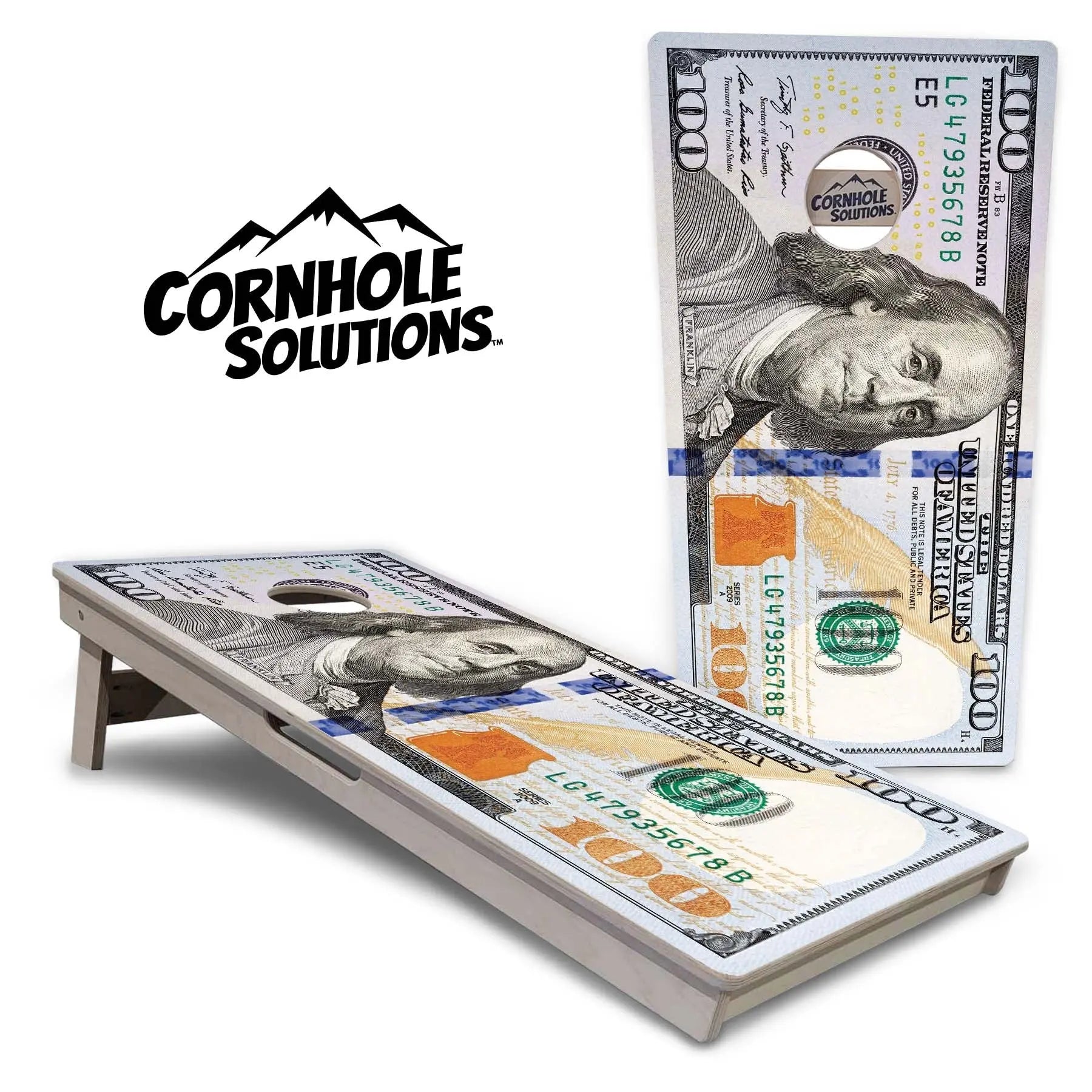 $100 Bill Cornhole Boards - Professional Tournament Series by Cornhole Solutions, custom cornhole board main product photo