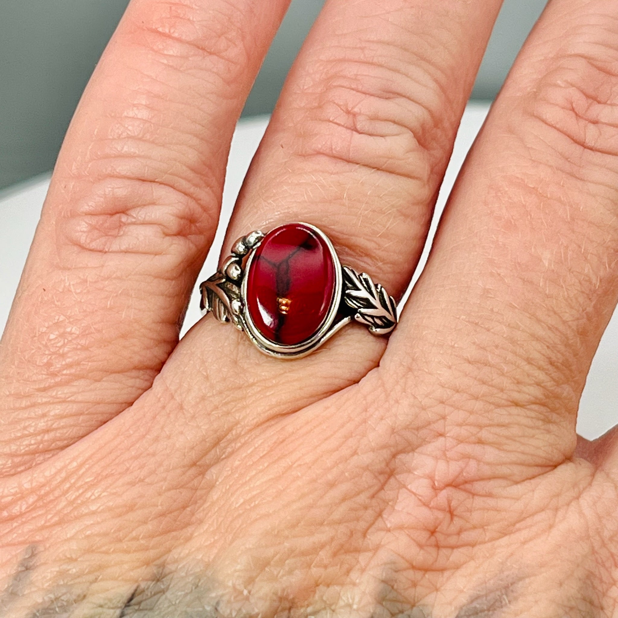Red Jasper Weeping Willow - Tru-Stone Memorial Ring by Cotton Street Art Company, handmade jewelry detail photo 2