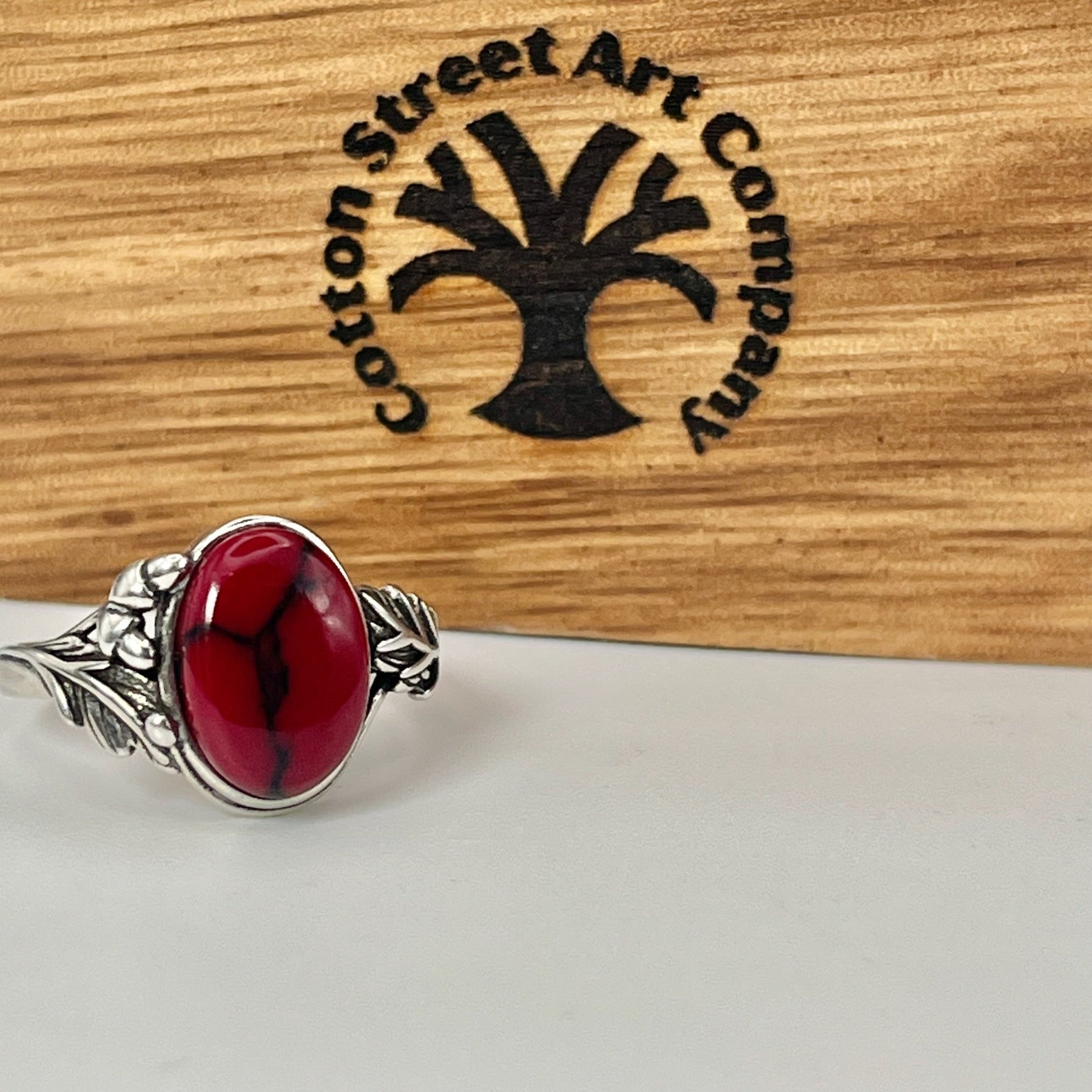 Red Jasper Weeping Willow - Tru-Stone Memorial Ring by Cotton Street Art Company, handmade jewelry detail photo 6