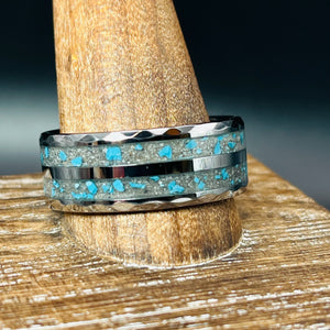 Turquoise with Ash Hammered Tungsten Memorial Ring by Cotton Street Art Company, handmade jewelry detail photo 4
