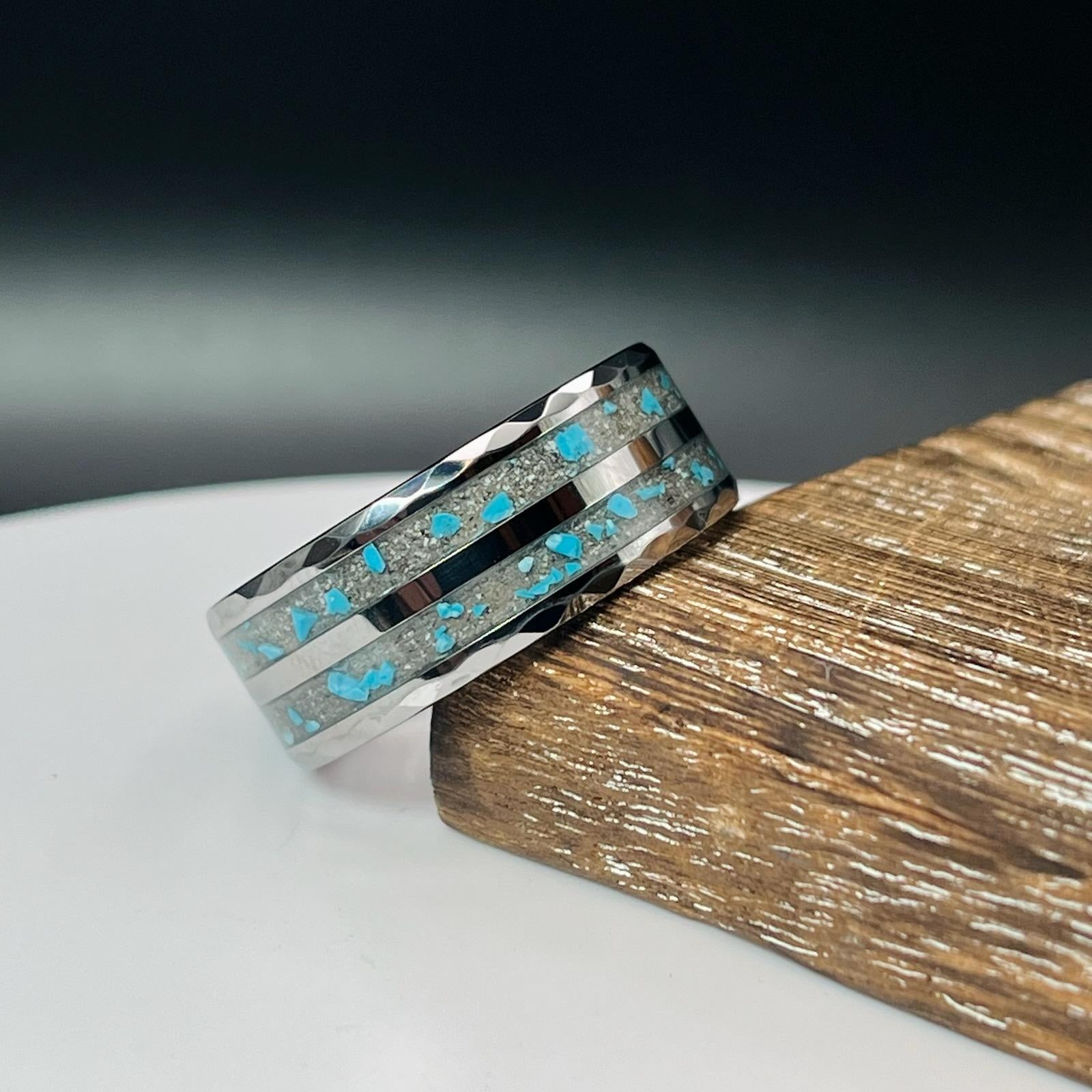 Turquoise with Ash Hammered Tungsten Memorial Ring by Cotton Street Art Company, handmade jewelry detail photo 5