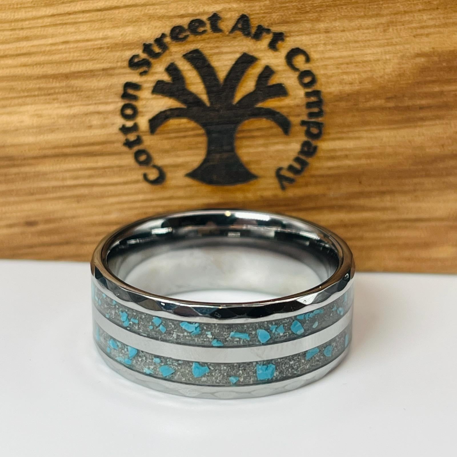 Turquoise with Ash Hammered Tungsten Memorial Ring by Cotton Street Art Company, handmade jewelry detail photo 6