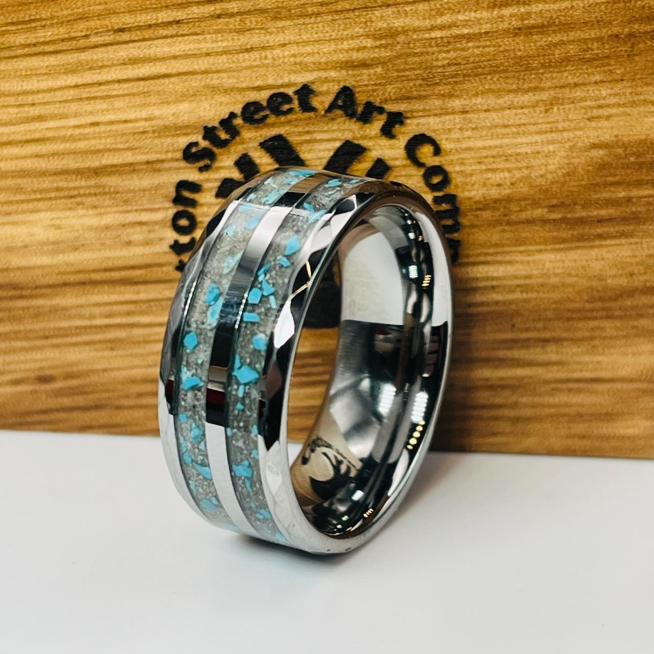 Turquoise with Ash Hammered Tungsten Memorial Ring by Cotton Street Art Company, handmade jewelry detail photo 7