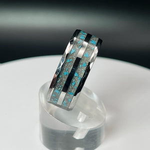 Turquoise with Ash Hammered Tungsten Memorial Ring by Cotton Street Art Company, handmade jewelry detail photo 8