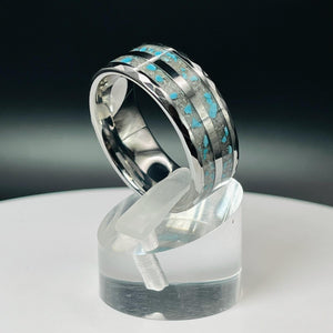 Turquoise with Ash Hammered Tungsten Memorial Ring by Cotton Street Art Company, handmade jewelry detail photo 2