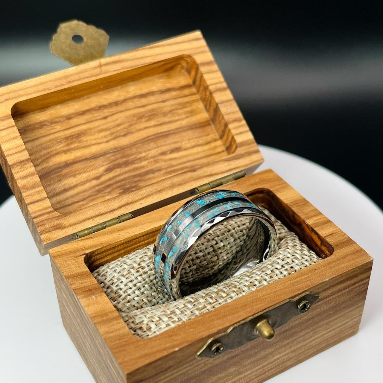 Turquoise with Ash Hammered Tungsten Memorial Ring by Cotton Street Art Company, handmade jewelry detail photo 9