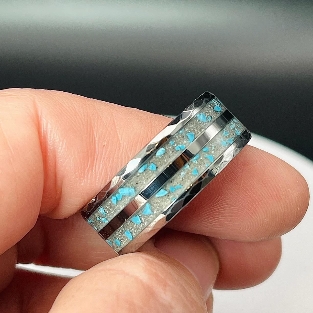 Turquoise with Ash Hammered Tungsten Memorial Ring by Cotton Street Art Company, handmade jewelry detail photo 3