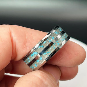 Turquoise with Ash Hammered Tungsten Memorial Ring by Cotton Street Art Company, handmade jewelry detail photo 3