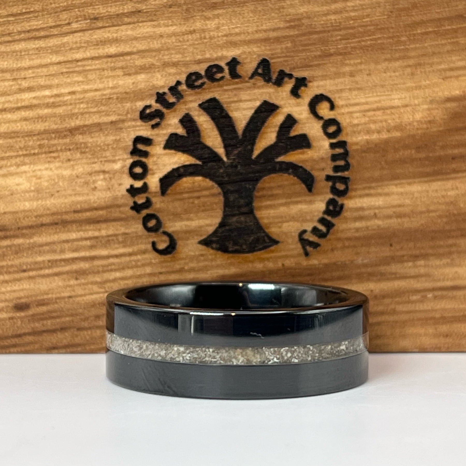 Thin Line of Love Black Ceramic Memorial Ring by Cotton Street Art Company, handmade jewelry detail photo 4