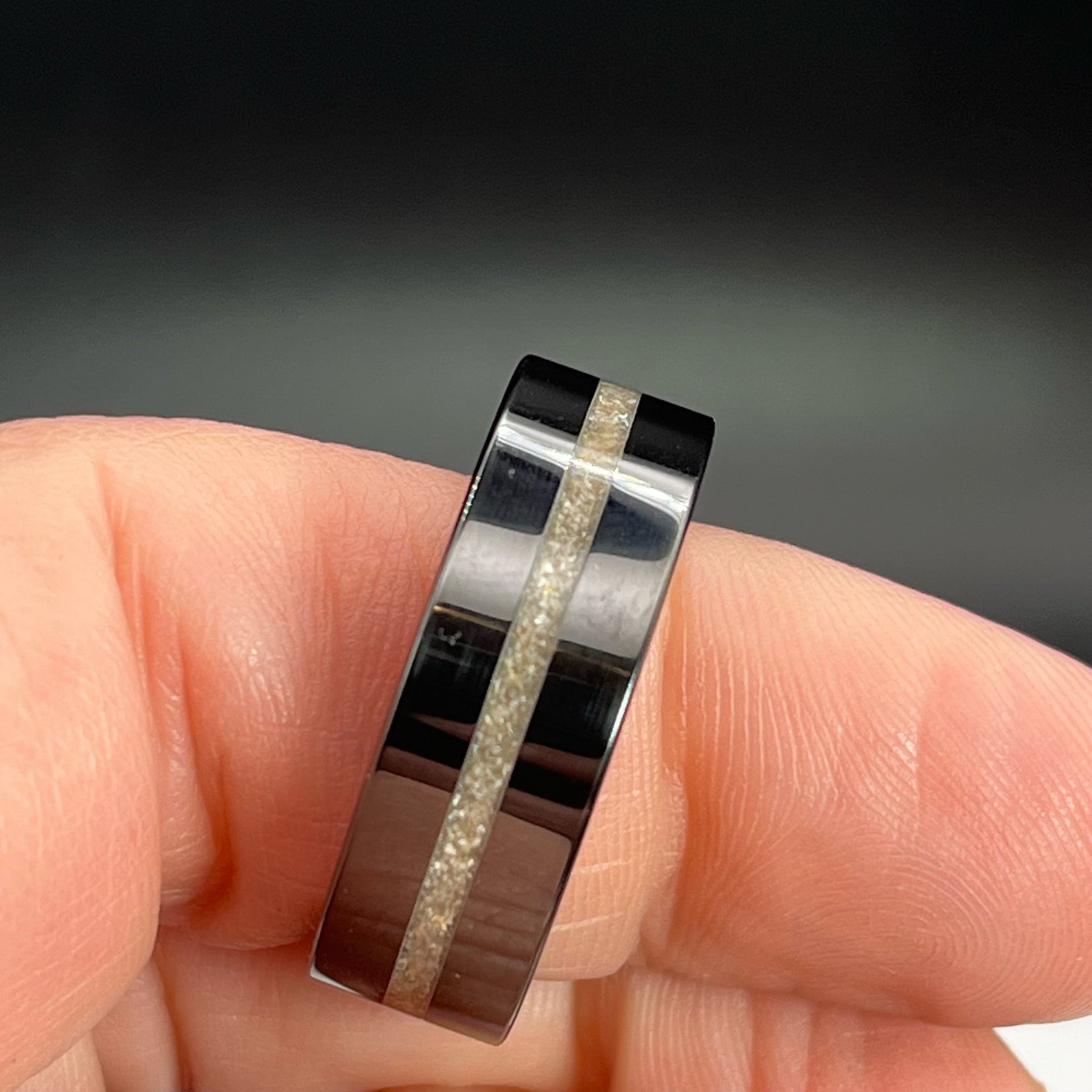 Thin Line of Love Black Ceramic Memorial Ring by Cotton Street Art Company, handmade jewelry detail photo 7