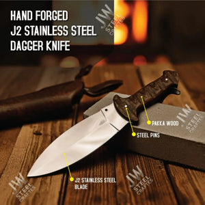Handcrafted J2 Stainless Steel Boot Knife | Pakka Wood Handle | Leather Sheath | 13.5" Hunting Blade by JW SteelCrafts, leather knife sheath main product photo