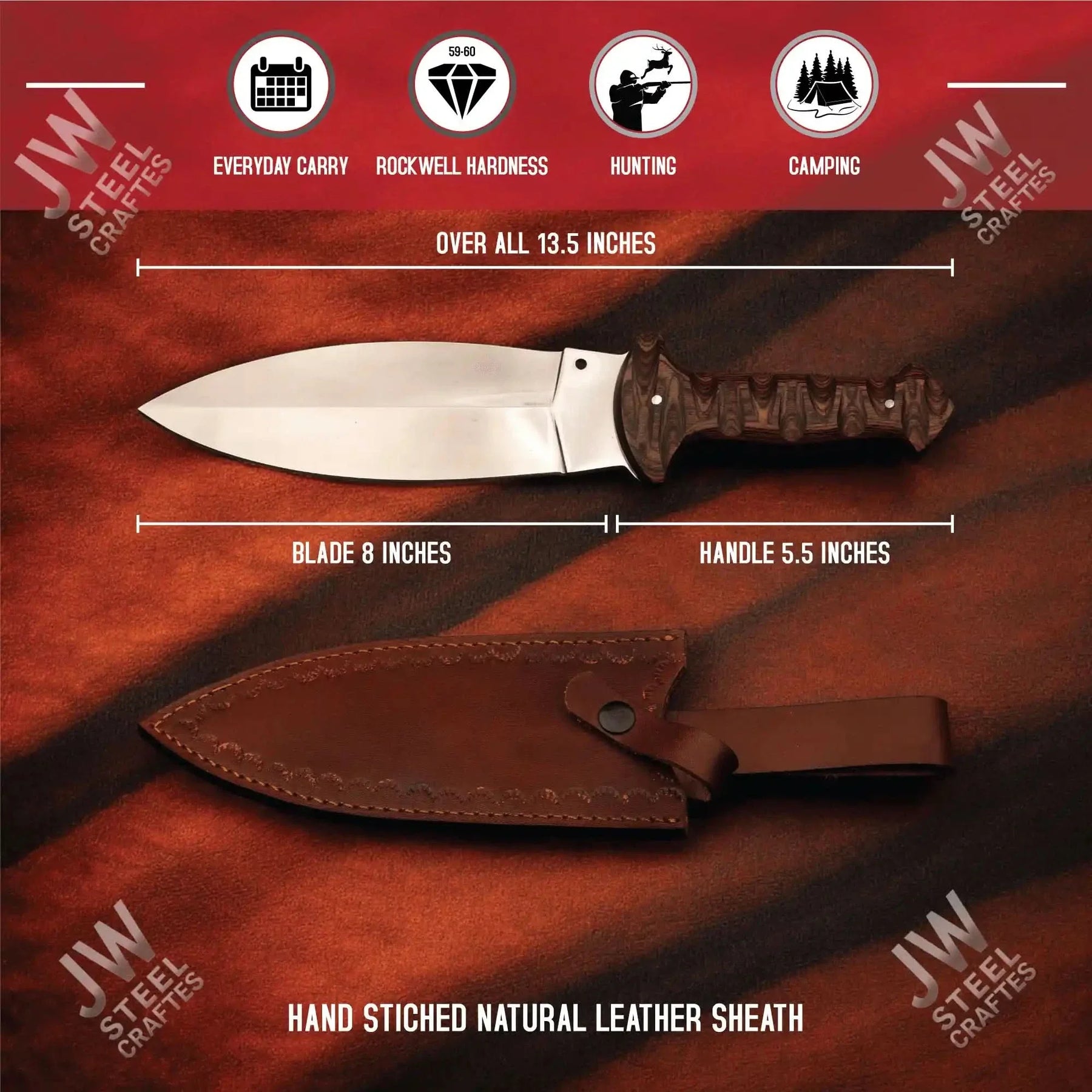 Handcrafted J2 Stainless Steel Boot Knife | Pakka Wood Handle | Leather Sheath | 13.5" Hunting Blade by JW SteelCrafts, leather knife sheath detail photo 2