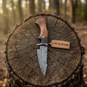 Bobcat Hunting Knife 4” Clip Point Fixed Blade Damascus Steel Guarded Design by JW SteelCrafts, Damascus knife detail photo 3