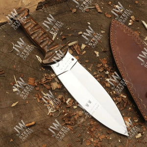 Handcrafted J2 Stainless Steel Boot Knife | Pakka Wood Handle | Leather Sheath | 13.5" Hunting Blade by JW SteelCrafts, leather knife sheath detail photo 4