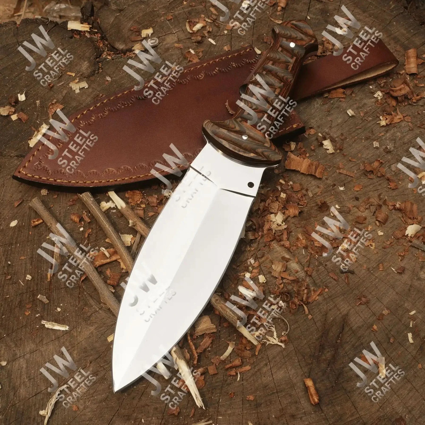 Handcrafted J2 Stainless Steel Boot Knife | Pakka Wood Handle | Leather Sheath | 13.5" Hunting Blade by JW SteelCrafts, leather knife sheath detail photo 5