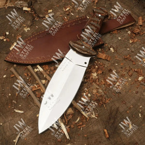 Handcrafted J2 Stainless Steel Boot Knife | Pakka Wood Handle | Leather Sheath | 13.5" Hunting Blade by JW SteelCrafts, leather knife sheath detail photo 5
