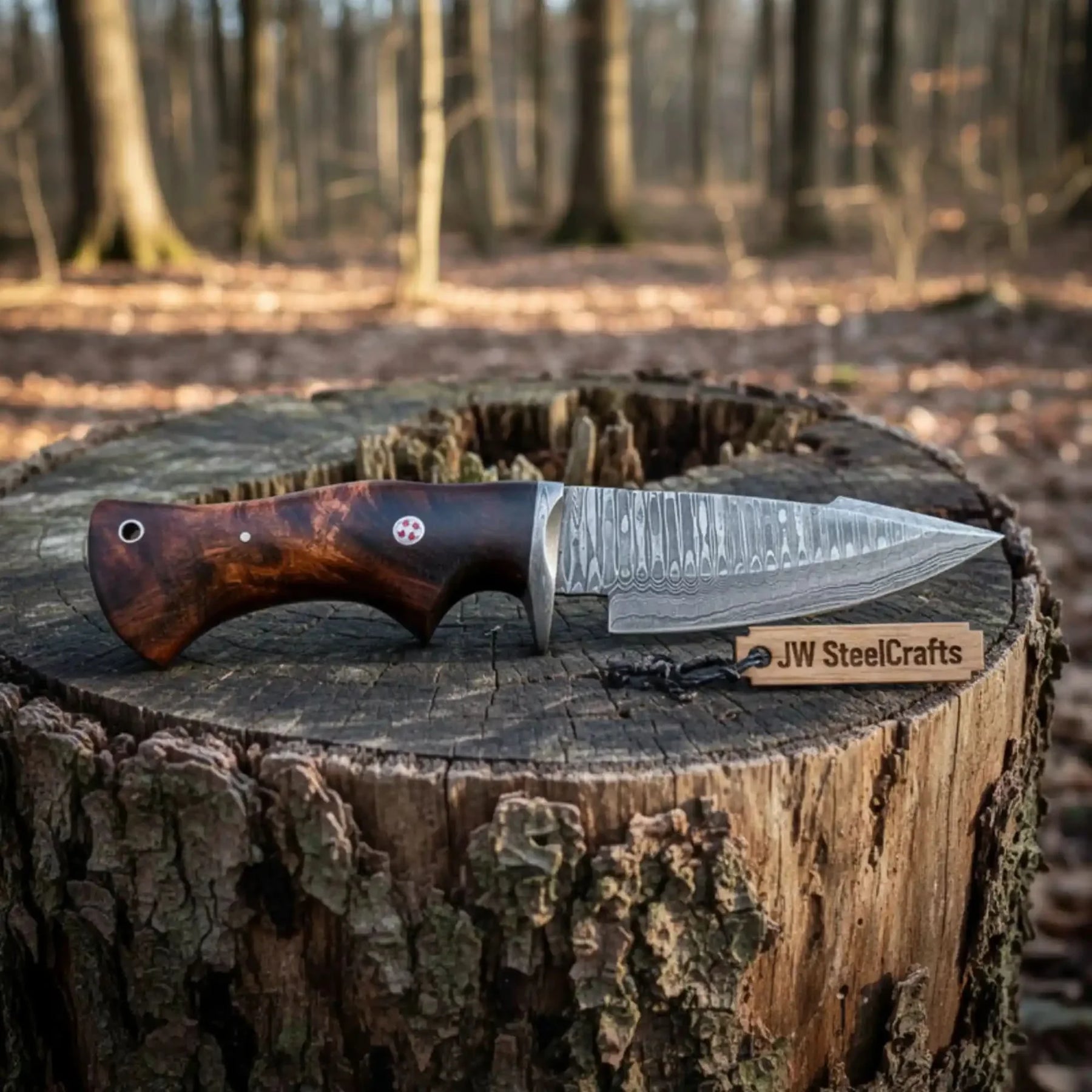 Bobcat Hunting Knife 4” Clip Point Fixed Blade Damascus Steel Guarded Design by JW SteelCrafts, Damascus knife detail photo 5