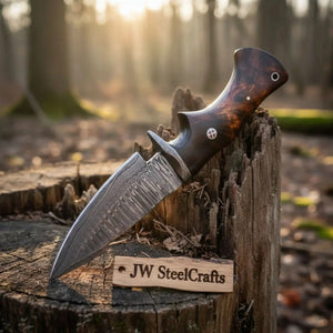 Bobcat Hunting Knife 4” Clip Point Fixed Blade Damascus Steel Guarded Design by JW SteelCrafts, Damascus knife detail photo 6
