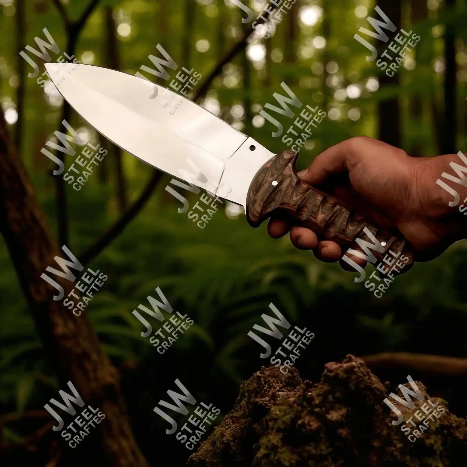Handcrafted J2 Stainless Steel Boot Knife | Pakka Wood Handle | Leather Sheath | 13.5" Hunting Blade by JW SteelCrafts, leather knife sheath detail photo 7
