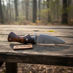 Bobcat Hunting Knife 4” Clip Point Fixed Blade Damascus Steel Guarded Design by JW SteelCrafts, Damascus knife detail photo 7