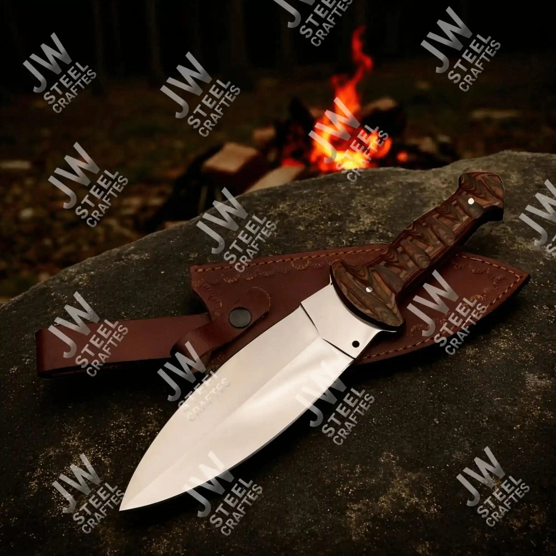 Handcrafted J2 Stainless Steel Boot Knife | Pakka Wood Handle | Leather Sheath | 13.5" Hunting Blade by JW SteelCrafts, leather knife sheath detail photo 8
