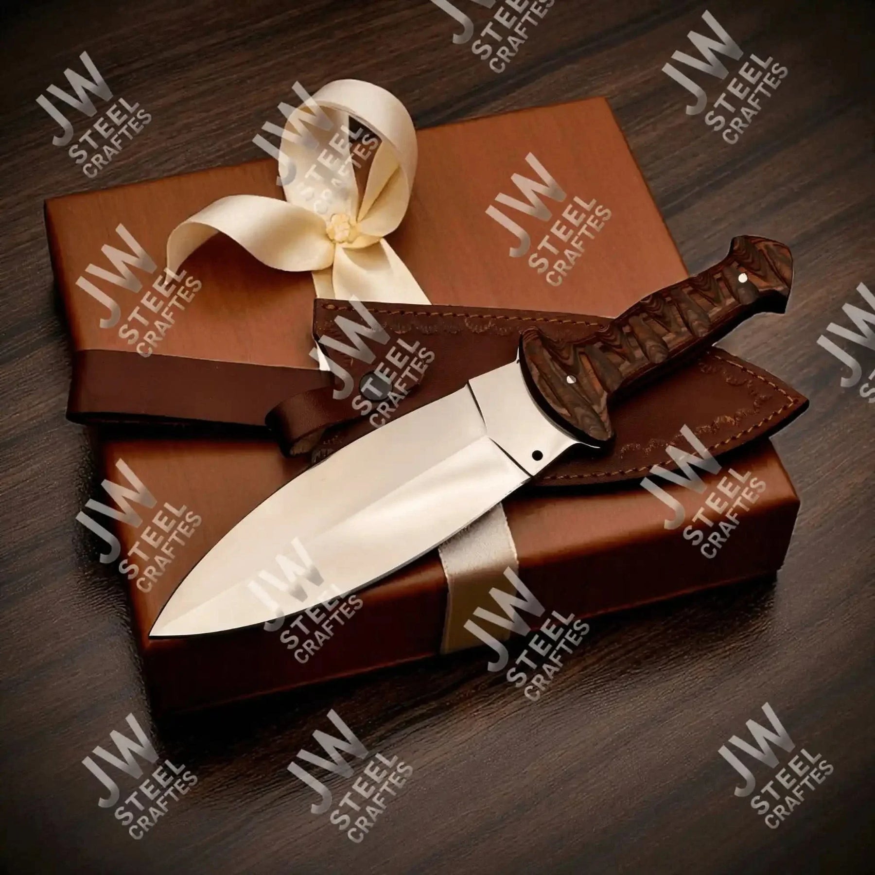 Handcrafted J2 Stainless Steel Boot Knife | Pakka Wood Handle | Leather Sheath | 13.5" Hunting Blade by JW SteelCrafts, leather knife sheath detail photo 9
