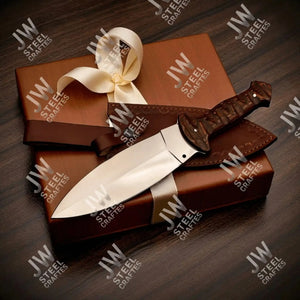 Handcrafted J2 Stainless Steel Boot Knife | Pakka Wood Handle | Leather Sheath | 13.5" Hunting Blade by JW SteelCrafts, leather knife sheath detail photo 9
