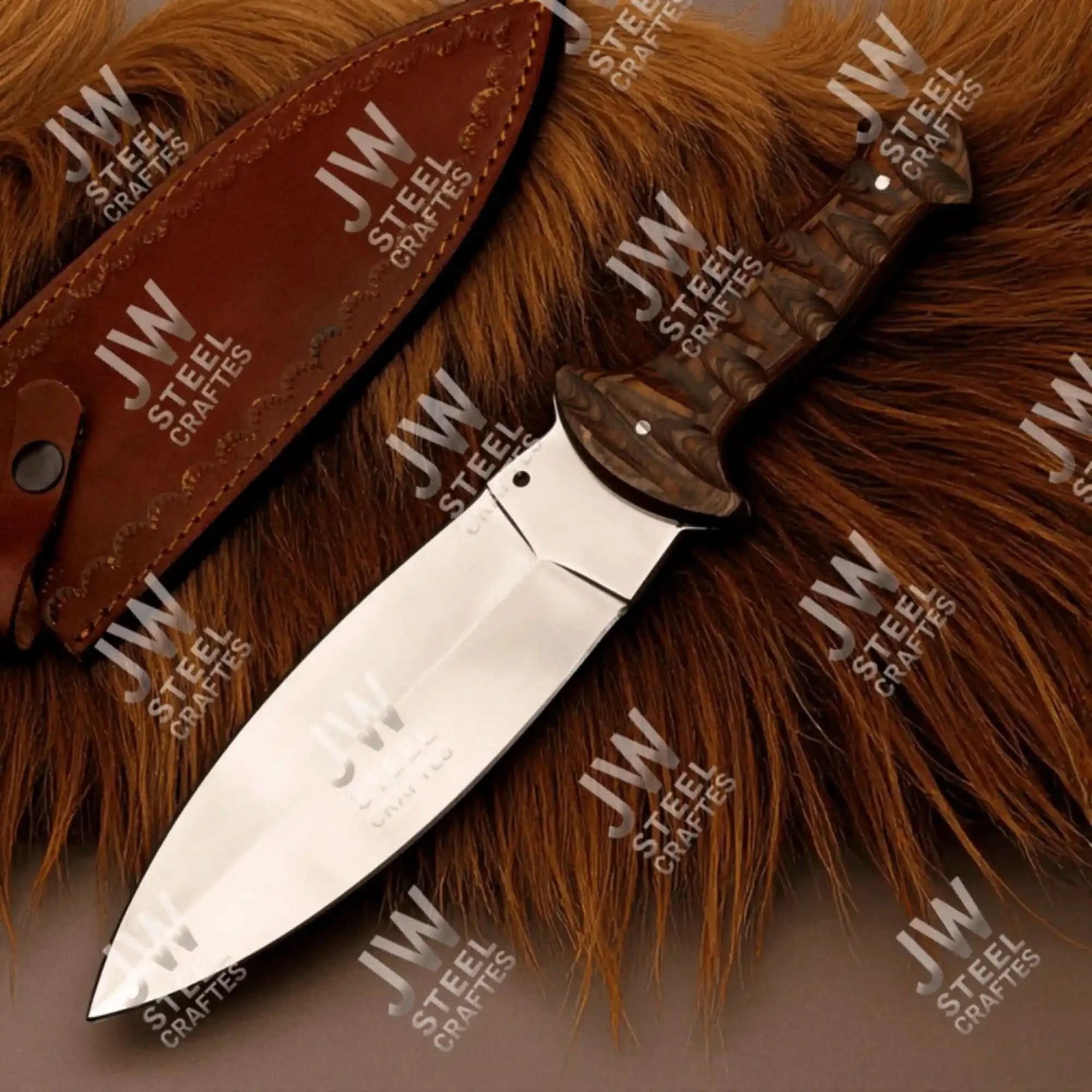 Handcrafted J2 Stainless Steel Boot Knife | Pakka Wood Handle | Leather Sheath | 13.5" Hunting Blade by JW SteelCrafts, leather knife sheath detail photo 11