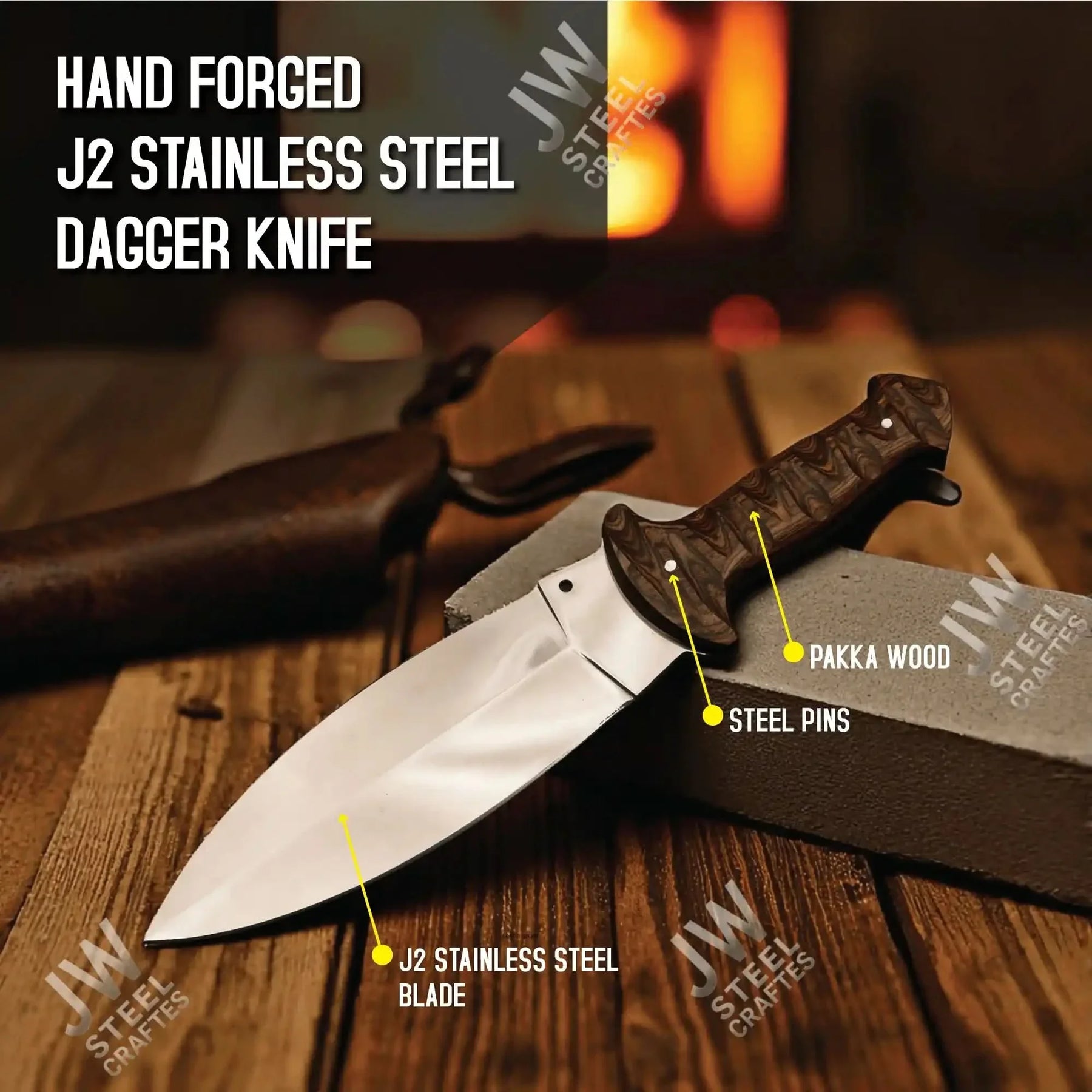 Handcrafted J2 Stainless Steel Boot Knife | Pakka Wood Handle | Leather Sheath | 13.5" Hunting Blade by JW SteelCrafts, leather knife sheath detail photo 12