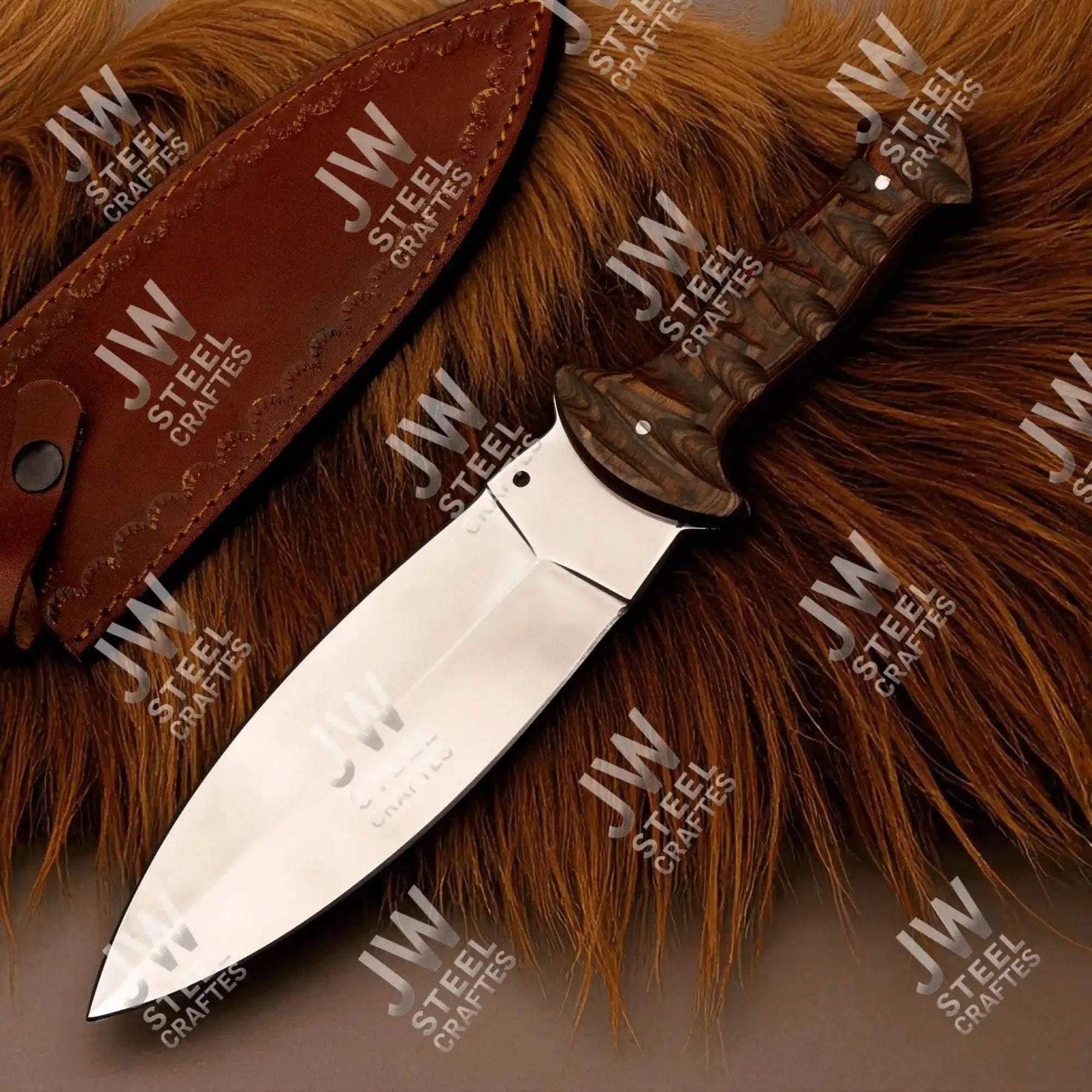 Handcrafted J2 Stainless Steel Boot Knife | Pakka Wood Handle | Leather Sheath | 13.5" Hunting Blade by JW SteelCrafts, leather knife sheath detail photo 14